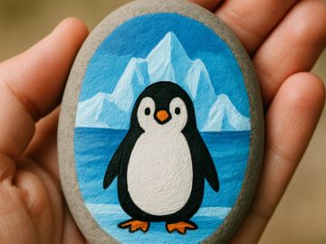 A hand holds a smooth stone painted with a cartoon penguin standing in front of blue ocean water and snowy mountains under a clear sky.