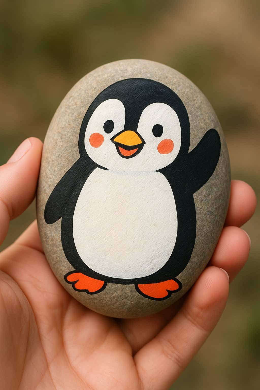 A hand holding a smooth river rock painted with a happy penguin waving its wing.