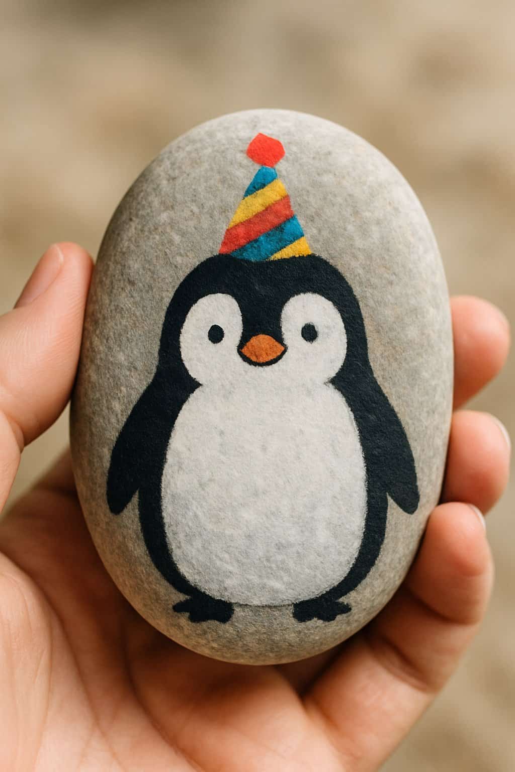 A hand holding a smooth river rock painted with a penguin wearing a colorful party hat.