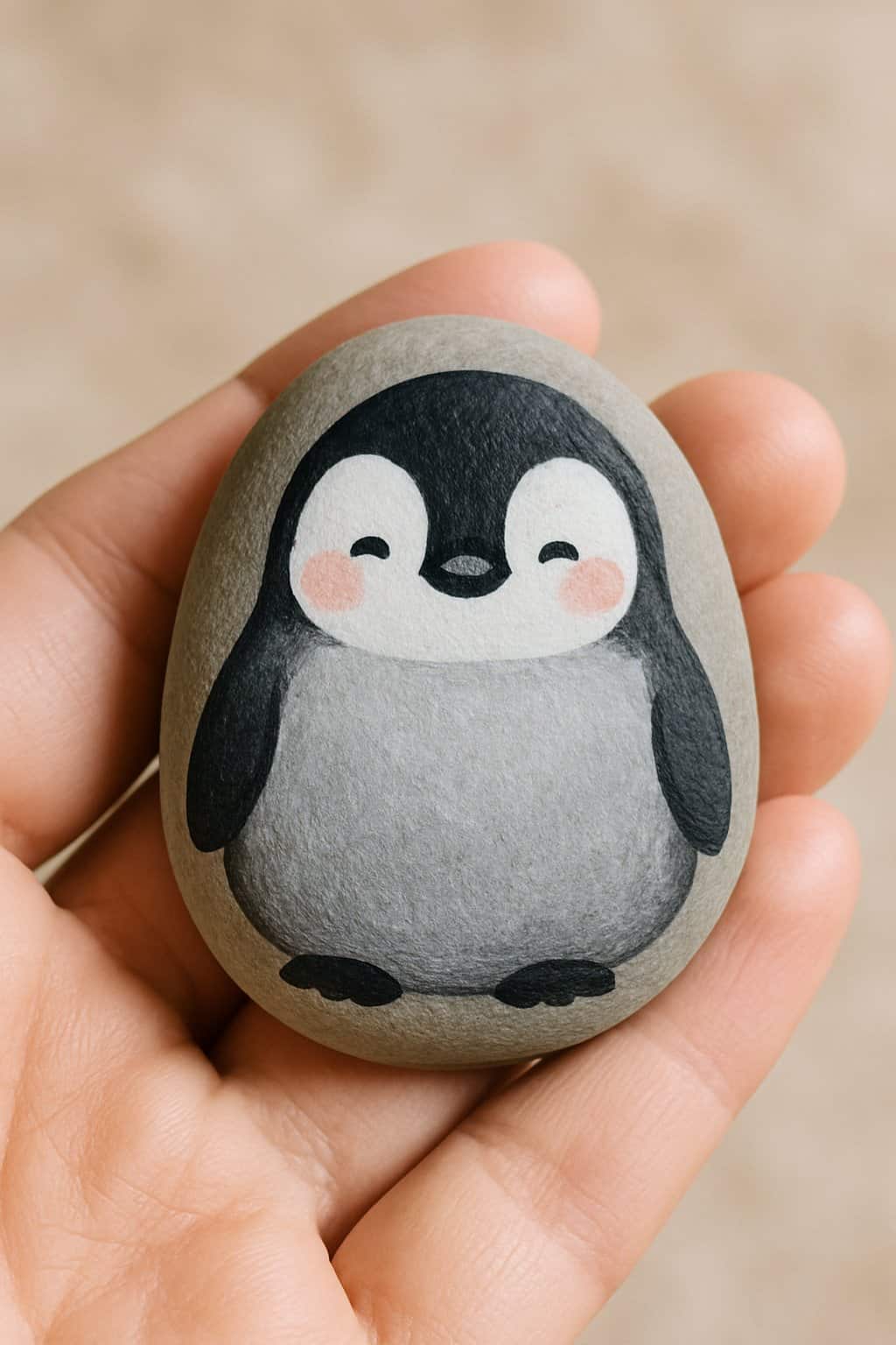 A hand holding a smooth rock painted with a cute chubby penguin with blushing cheeks.