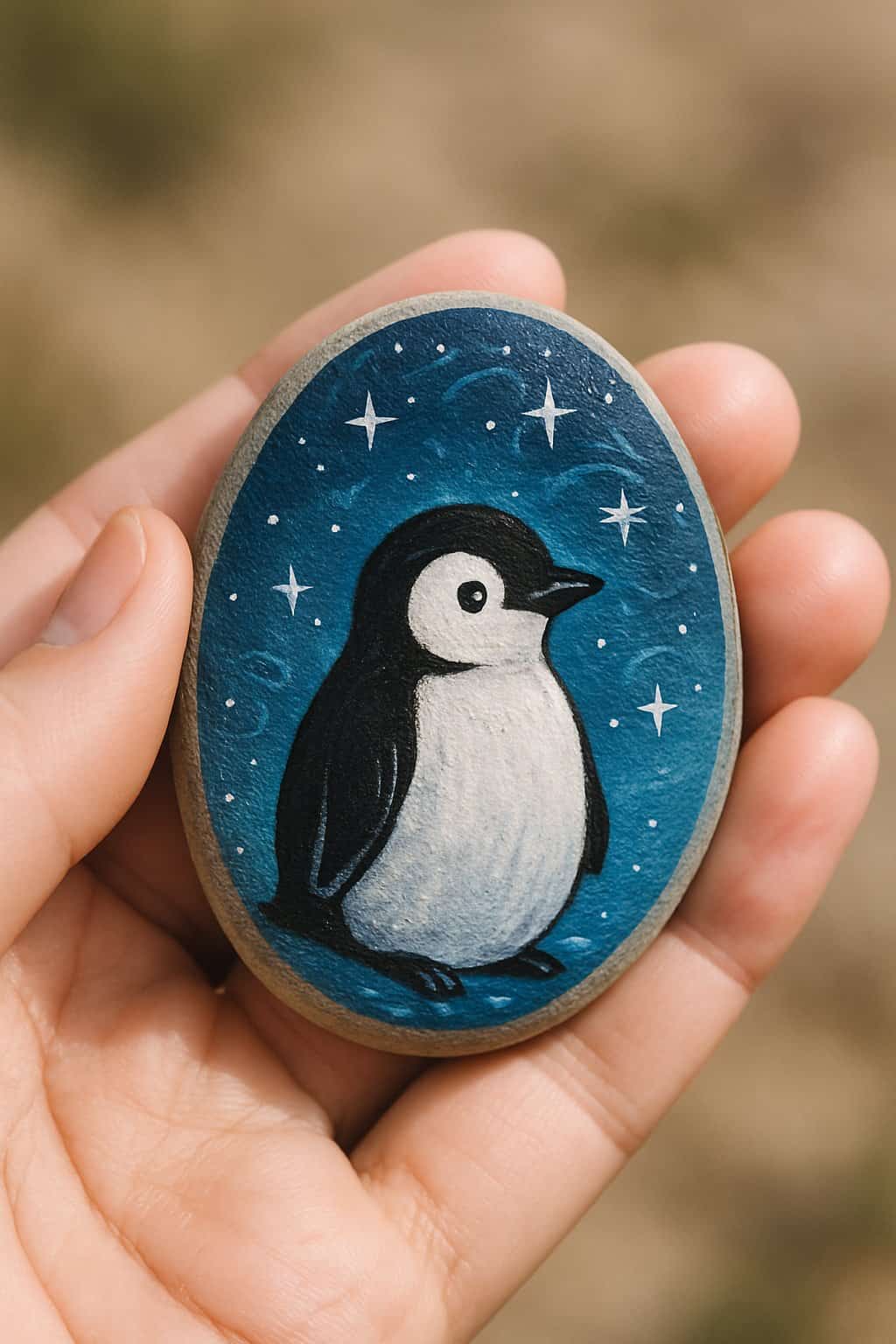 Hand holding a smooth river rock painted with a penguin and starry night design.