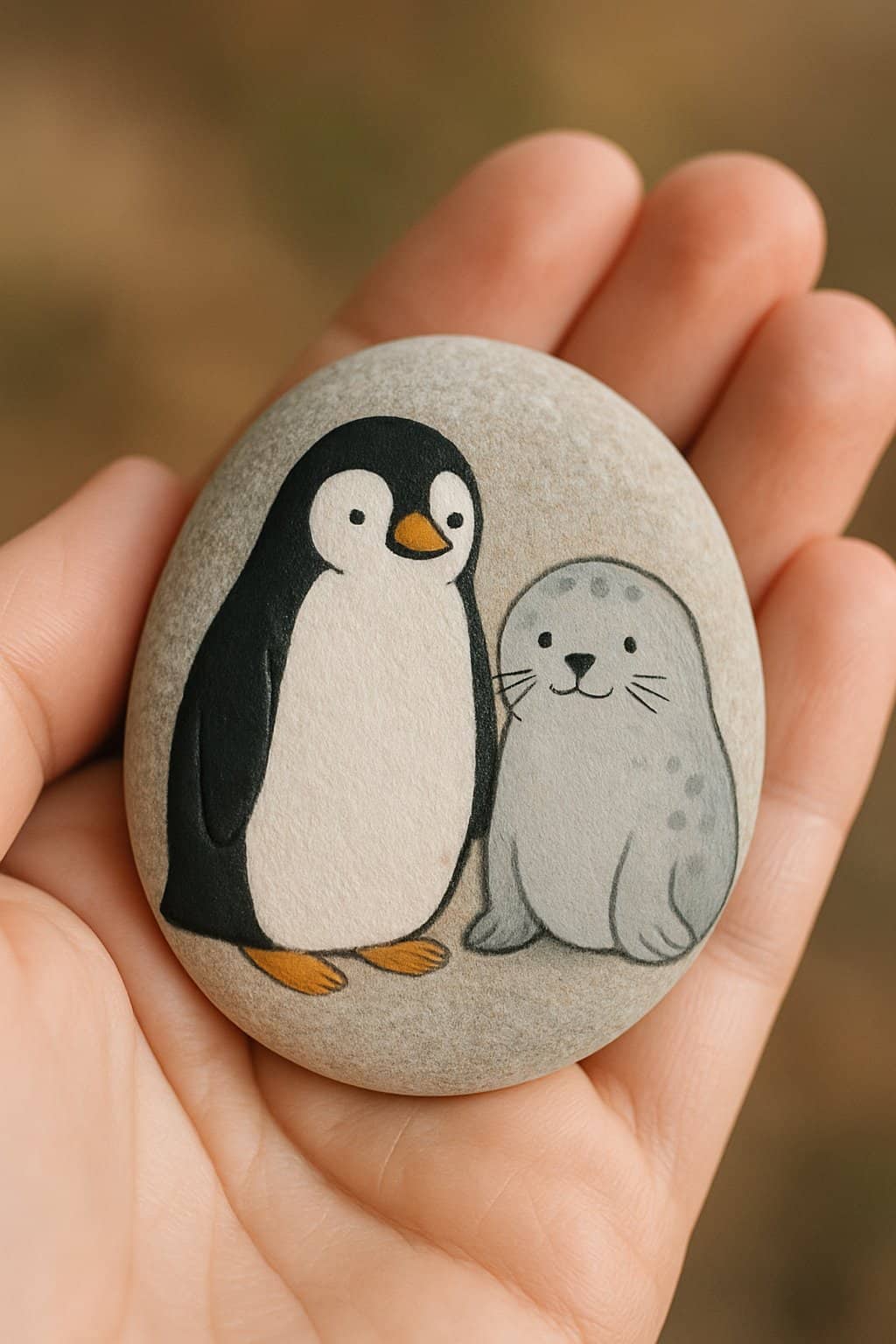 A hand holding a smooth river rock painted with a penguin standing next to a seal.