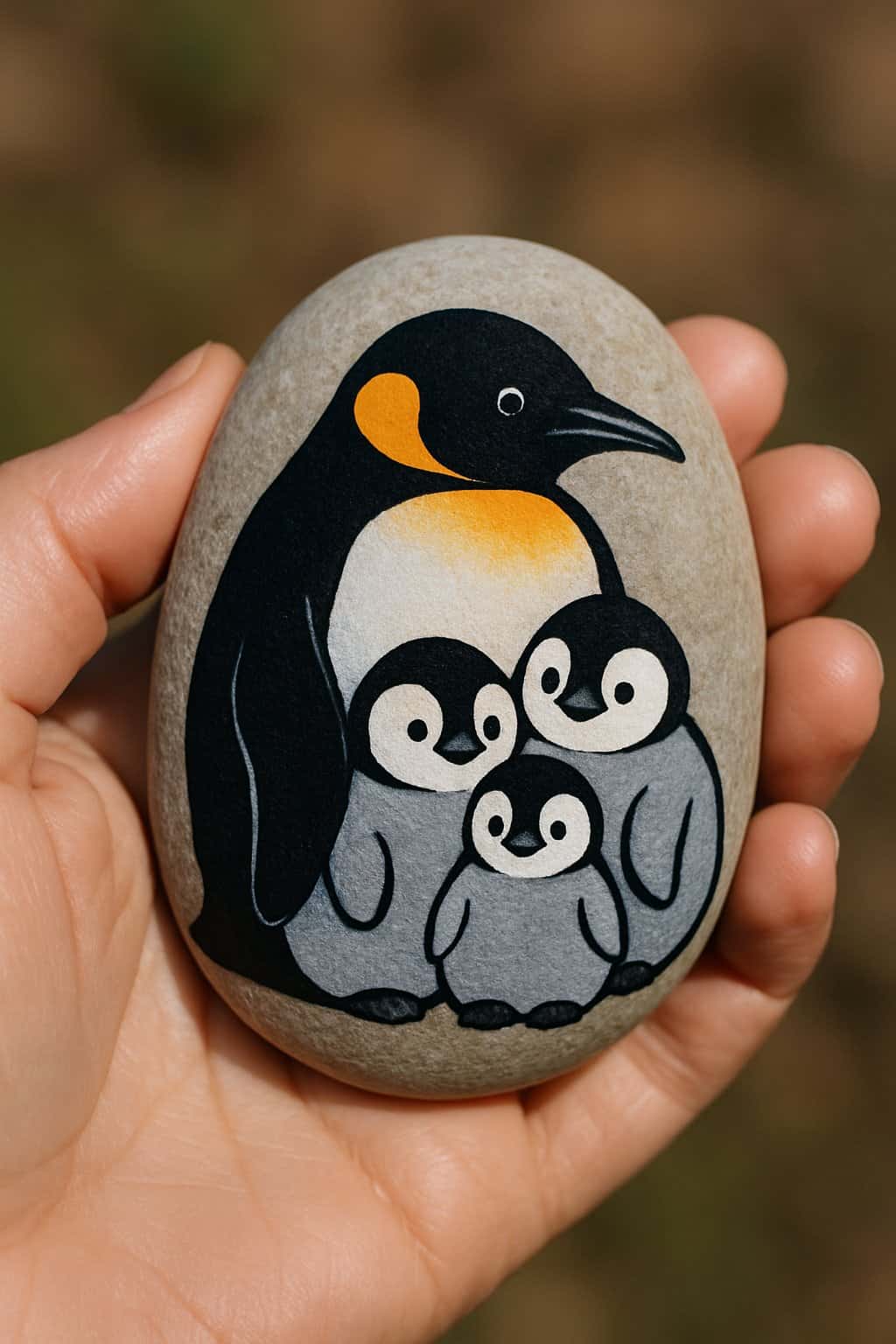 A hand holding a smooth oval rock painted with a family of penguins huddled together.