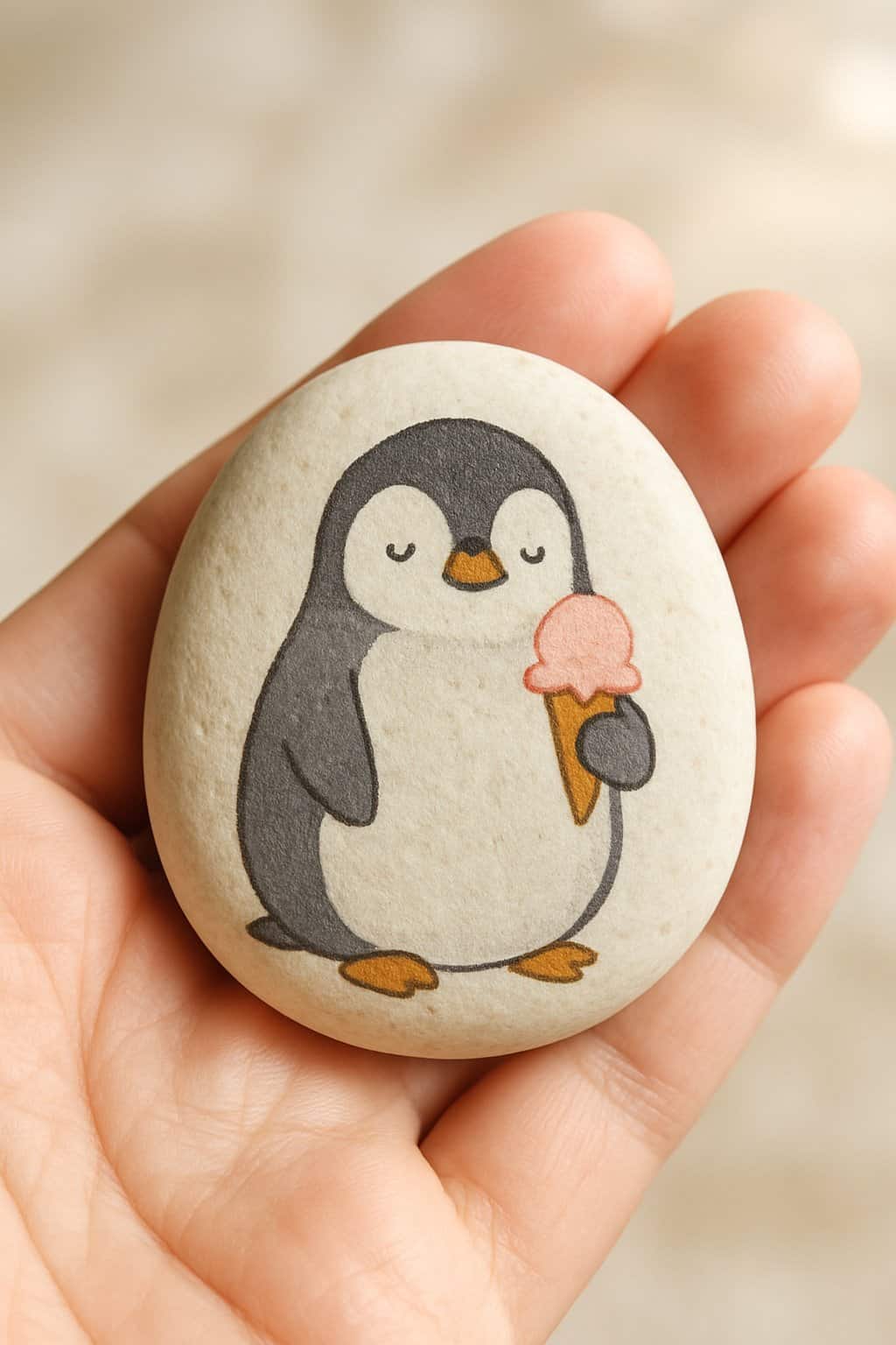 A hand holding a smooth river rock painted with a penguin holding an ice cream cone.