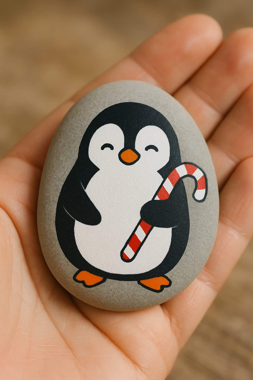 A hand holding a smooth river rock painted with a penguin holding a candy cane.