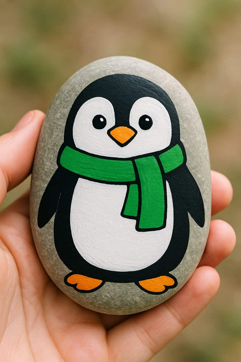 A hand holding a smooth river rock painted with a cartoon penguin wearing a green scarf.