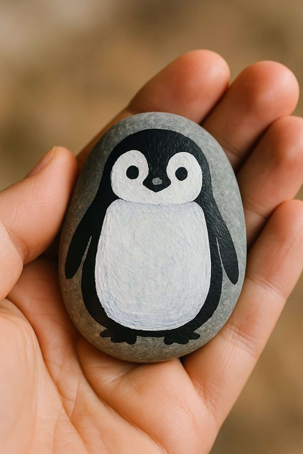 A hand holding a smooth river rock painted with a simple penguin outline and eyes.