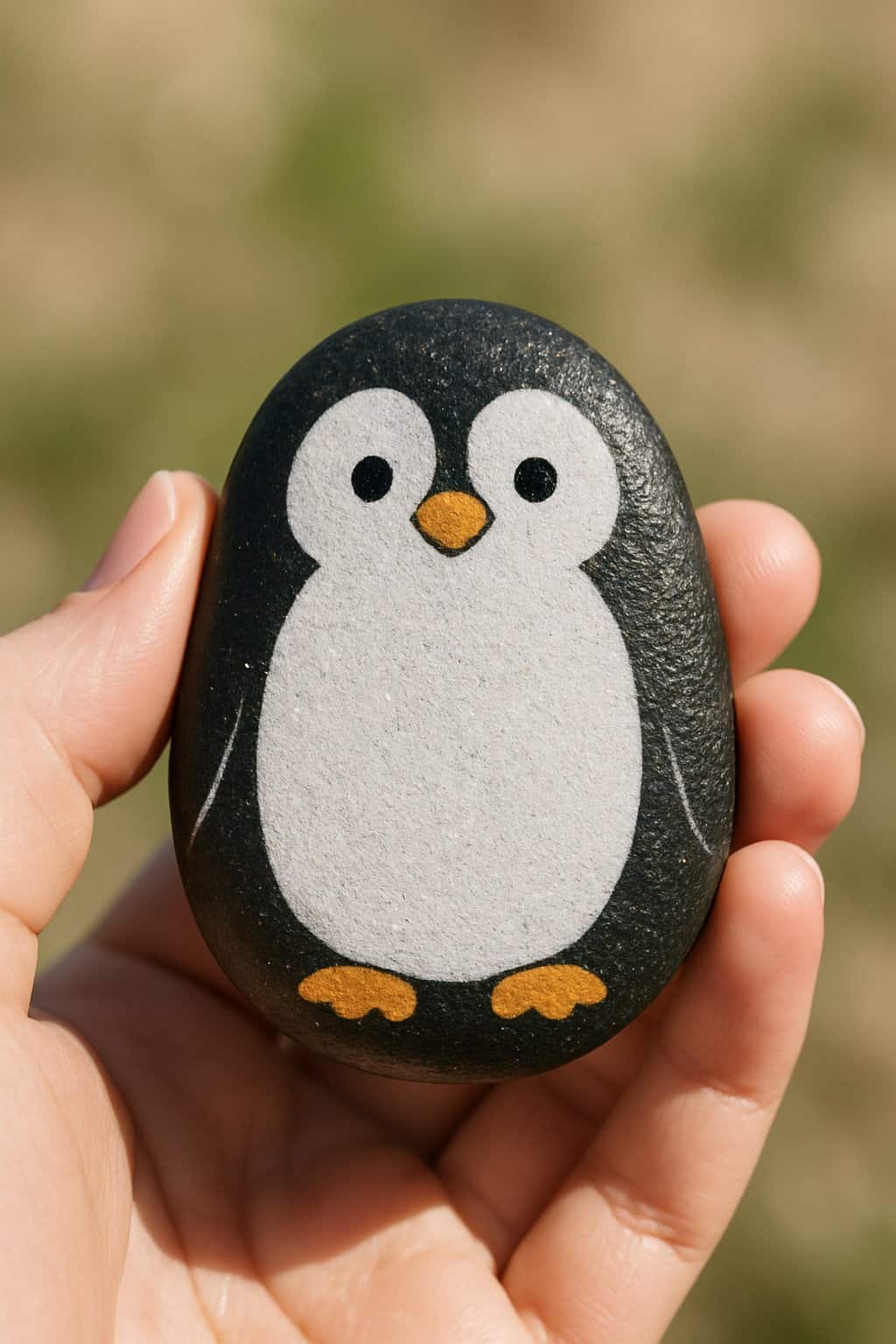 A hand holding a smooth river rock painted with a penguin design.