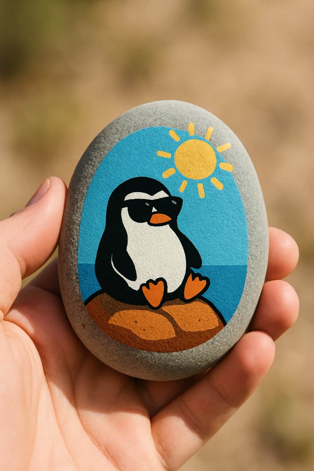 A hand holding a smooth river rock painted with a penguin wearing sunglasses on a sunny rock.