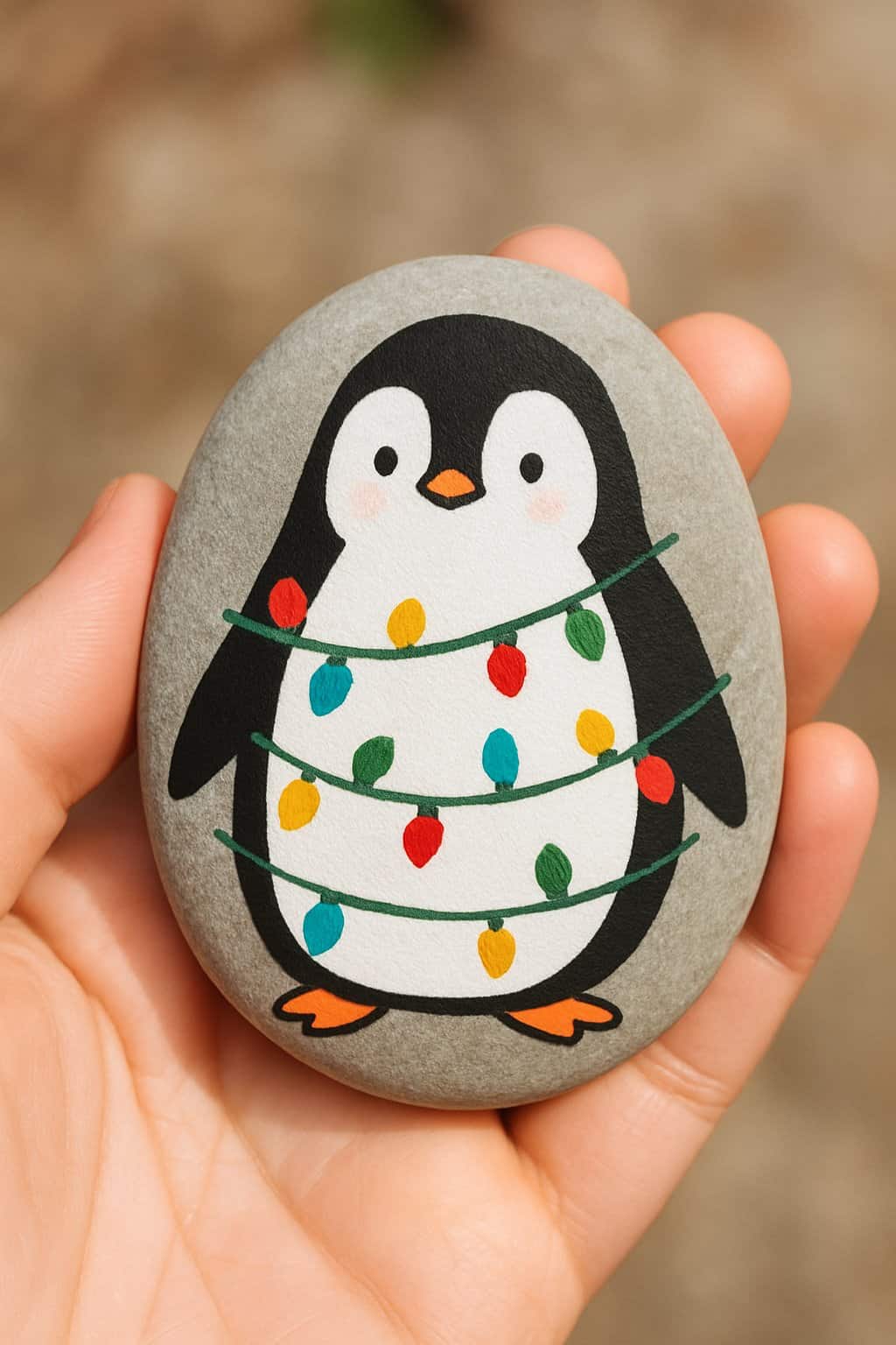 A hand holding a smooth river rock painted with a penguin wrapped in colorful Christmas lights.