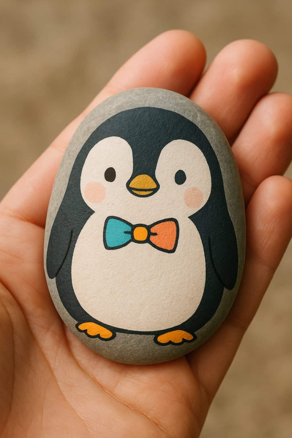 A hand holding a smooth river rock painted with a cute penguin wearing a bow tie.