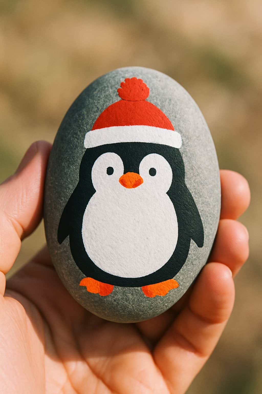 A hand holding a smooth river rock painted with a penguin wearing a winter hat and pompom.