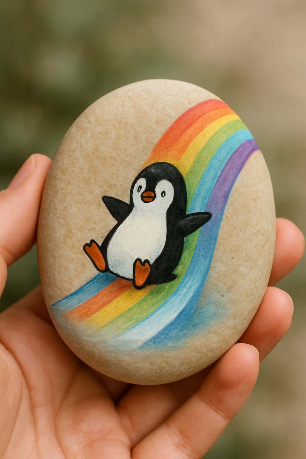 A hand holding a smooth river rock painted with a penguin sliding down a rainbow ice slide.