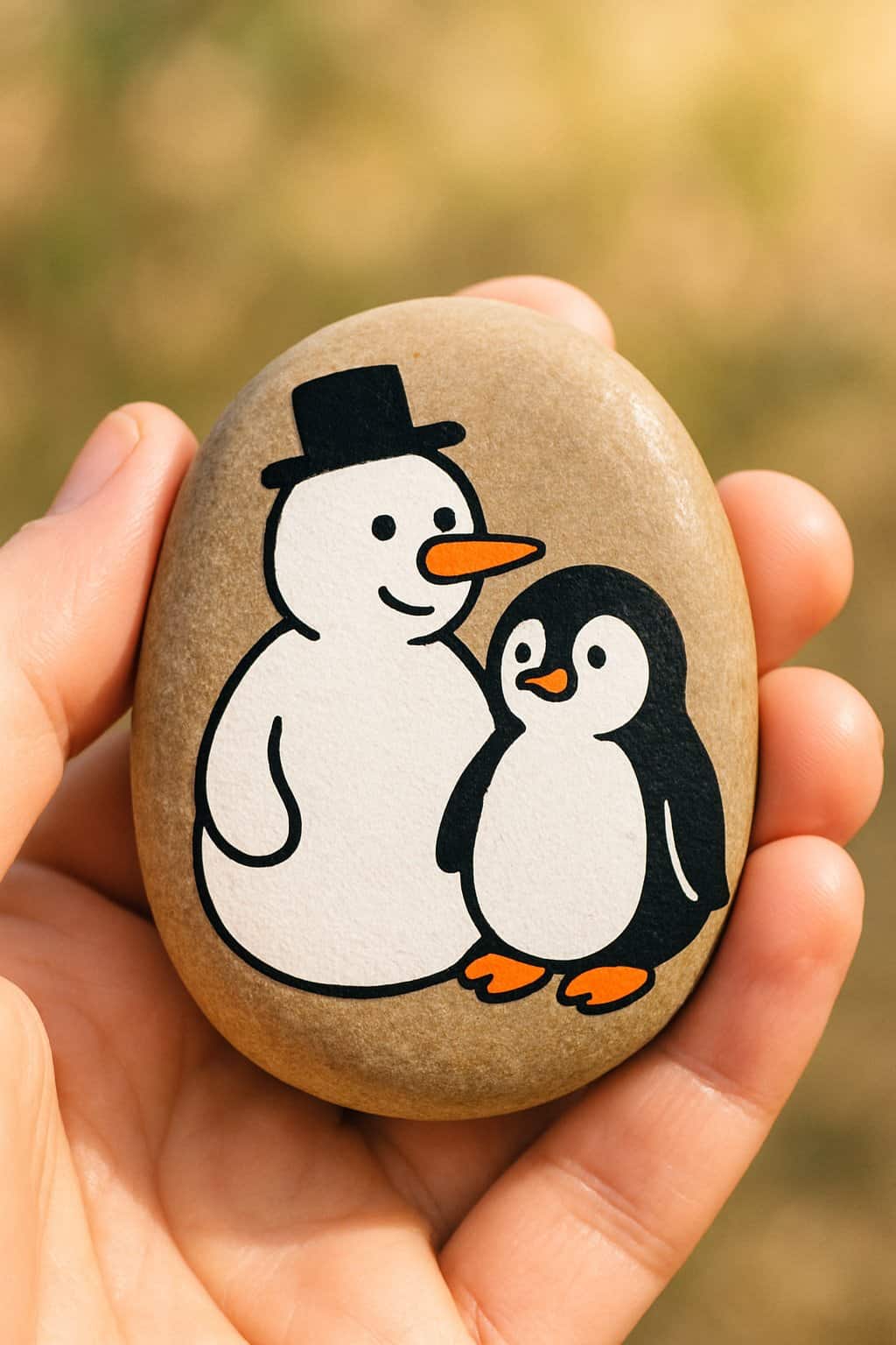 A hand holding a smooth river rock painted with a snowman and a penguin.