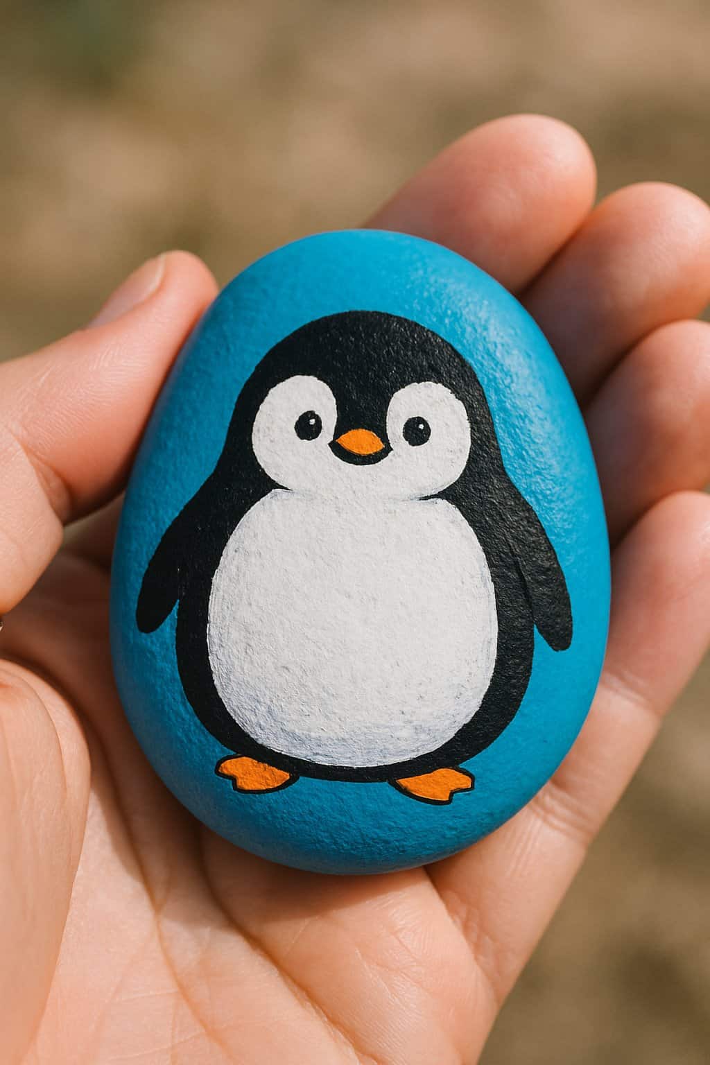 A hand holding a smooth blue rock painted with a chubby penguin design.