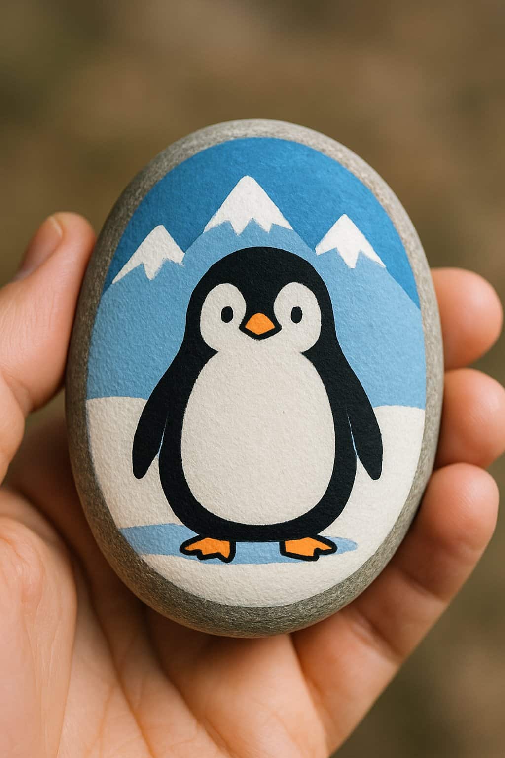 A hand holding a smooth river rock painted with a penguin and snowy mountains.