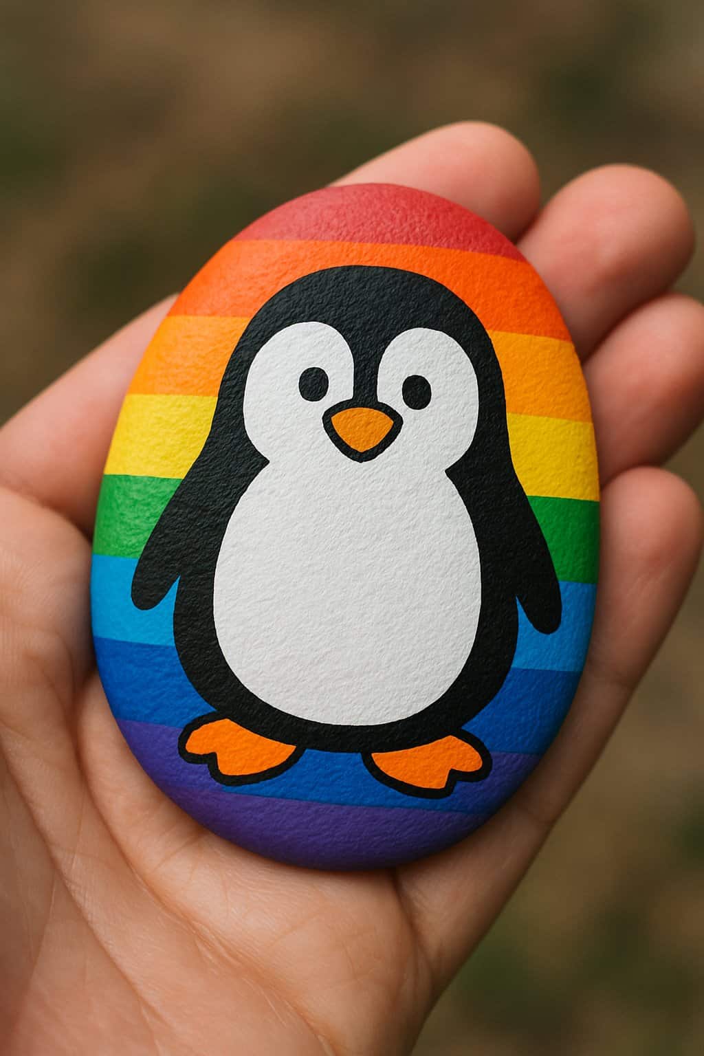 A hand holding a smooth river rock painted with a cartoon penguin on colorful stripes.