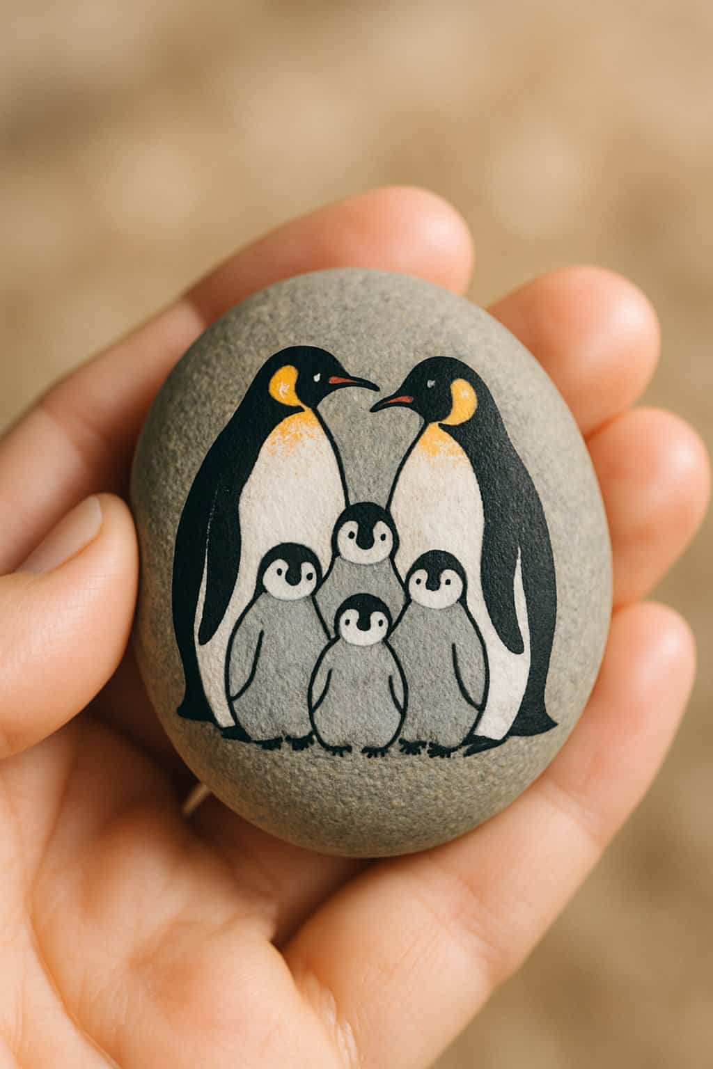 A hand holding a smooth river rock painted with a family of penguins.