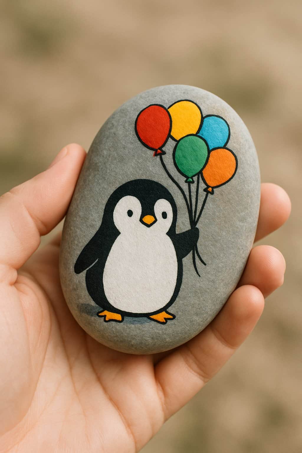 A hand holding a smooth river rock painted with a penguin holding a balloon bouquet.