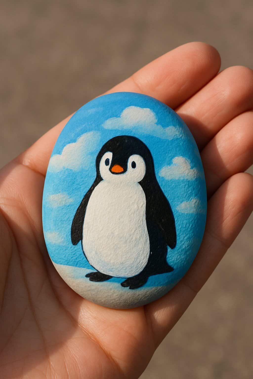 A hand holding a smooth river rock painted with a penguin and blue sky with clouds.