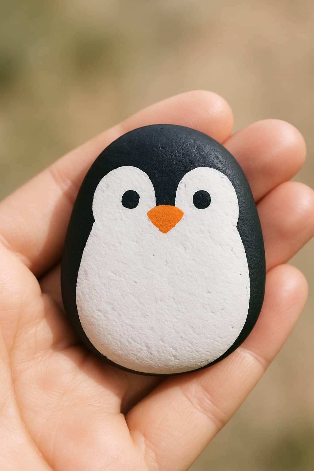 A hand holding a smooth river rock painted with a simple penguin face.