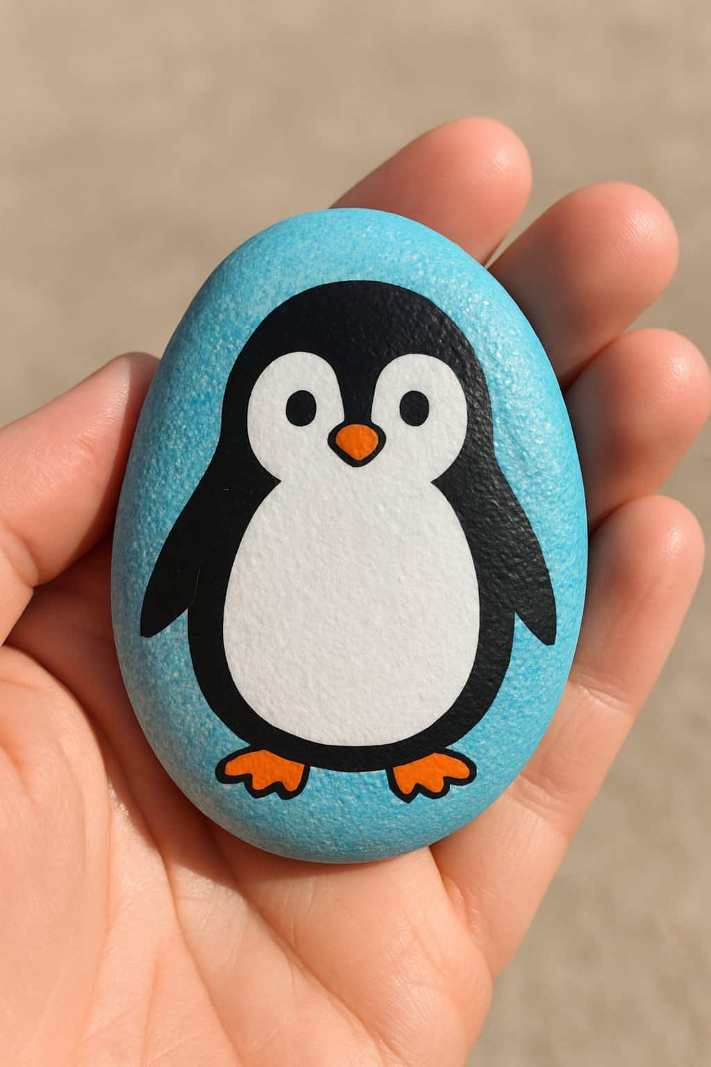 A hand holding a smooth river rock painted with a penguin and an icy blue glitter background.