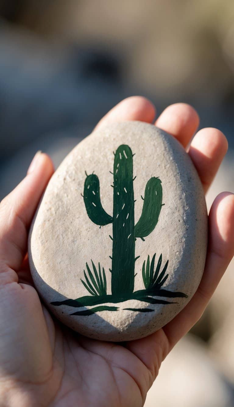 A hand holding a smooth river rock painted with a Western cactus silhouette.