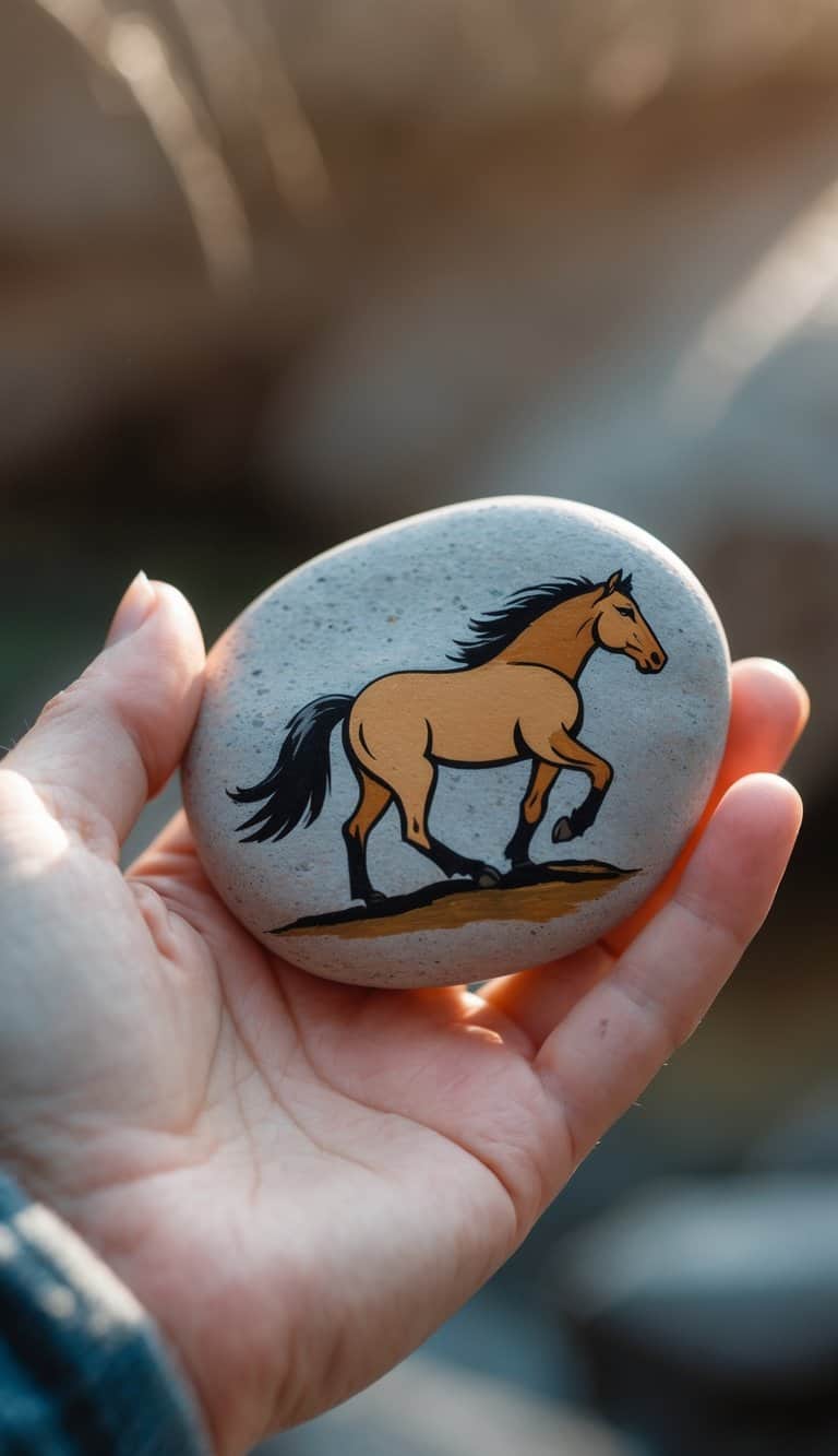 A hand holding a smooth river rock painted with a simple wild mustang design.