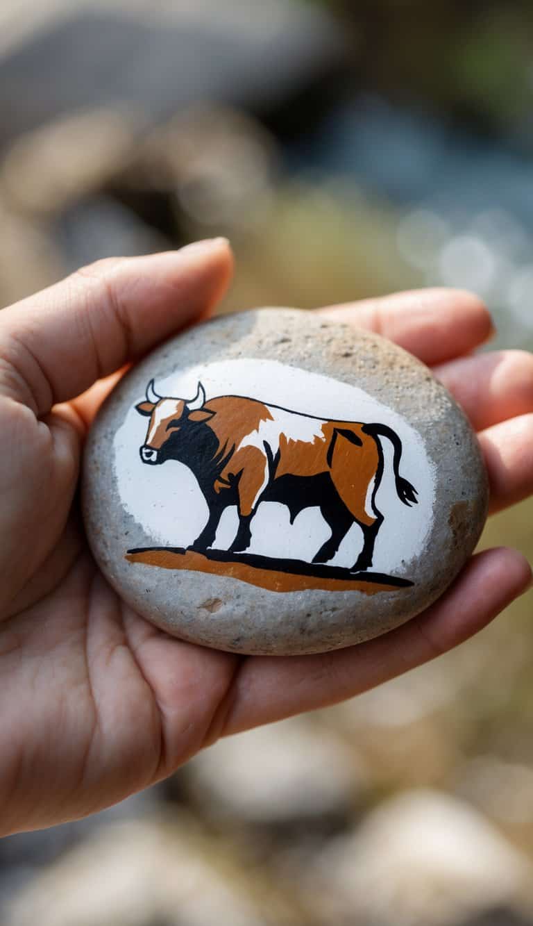 A hand holding a smooth river rock painted with a rodeo bull design.