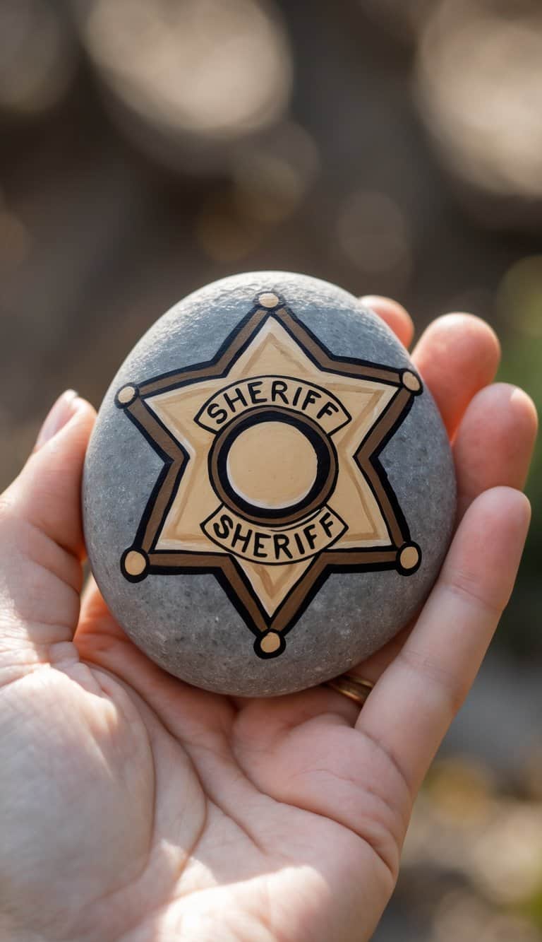 A hand holding a smooth river rock painted with a vintage sheriff badge design.