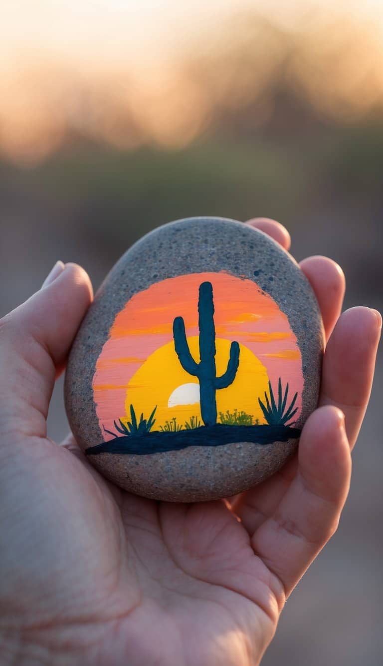 A hand holding a smooth river rock painted with a desert saguaro cactus and sunset design.