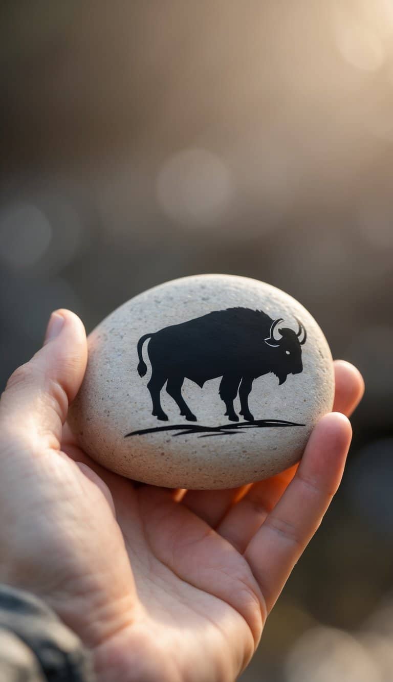 A hand holding a smooth river rock painted with a black buffalo silhouette.
