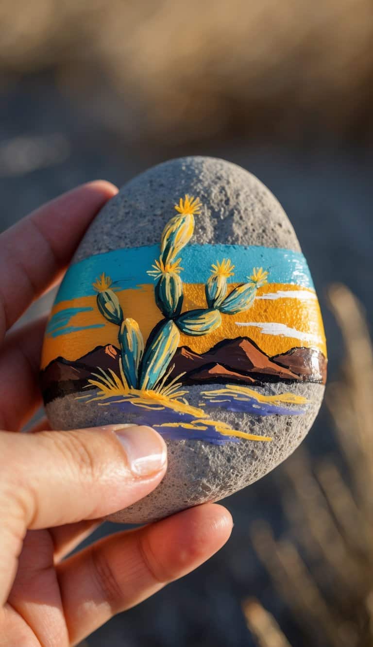 A hand holding a smooth painted rock with a desert tumbleweed and sunset design.