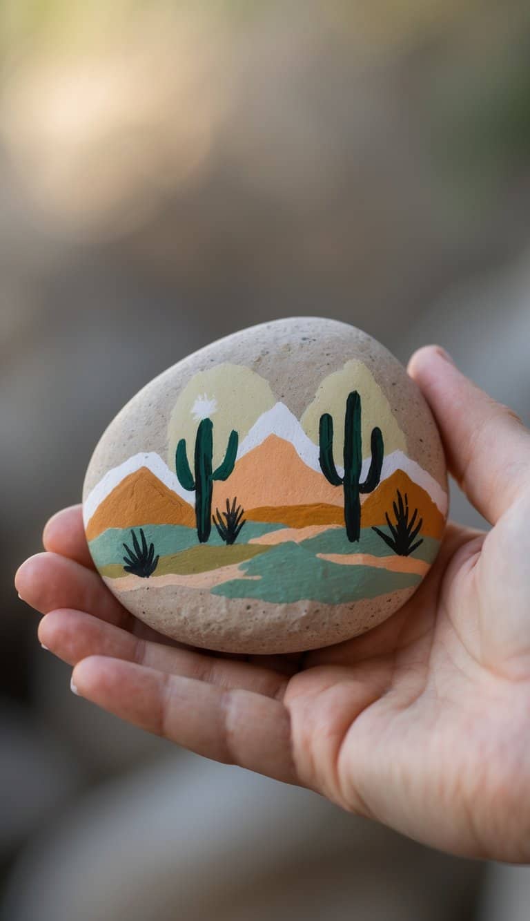 A hand holding a smooth painted river rock with a simple Western-inspired design.