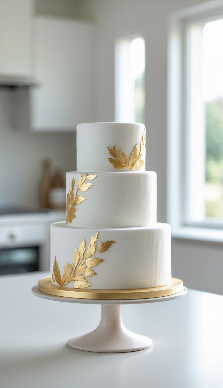 A two-tier cake with gold leaf accents on a cake stand in a bright home kitchen.