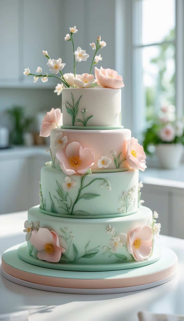 A three-tier cake with hand-painted floral designs displayed on a cake stand in a bright home kitchen.