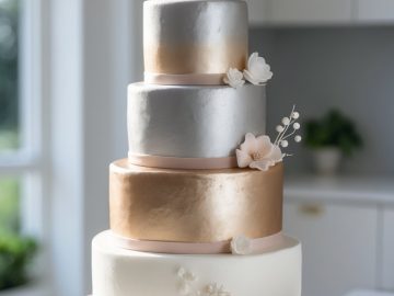 A four-tier cake decorated with metallic gold and silver layers, delicate white and blush pink sugar flowers, displayed on a white cake stand in a bright, modern kitchen.