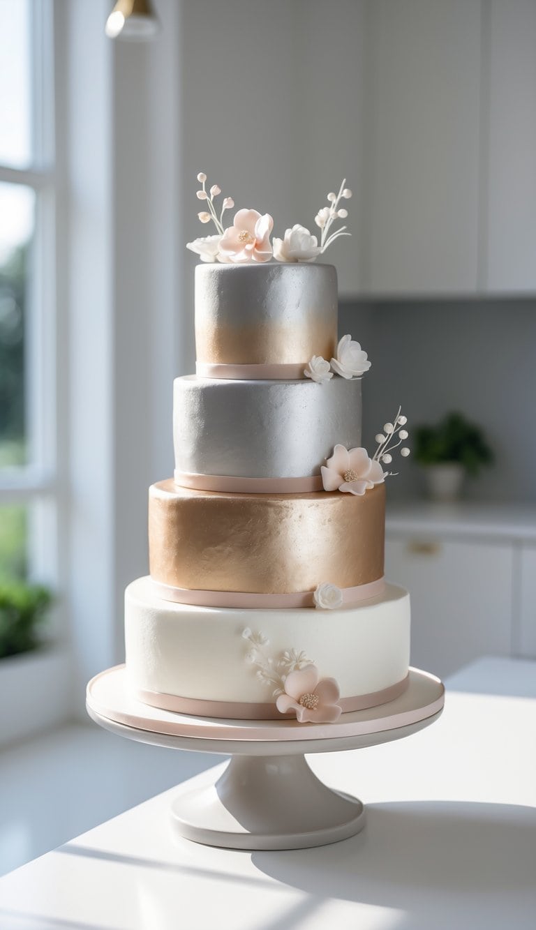 A three-tier cake with metallic airbrushed finish on a cake stand in a bright home kitchen.