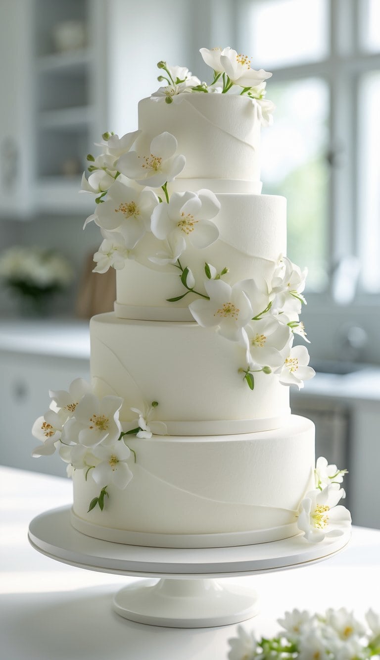 A three-tier cake decorated with fresh flowers cascading down the layers, sitting on a cake stand on a clean surface in a bright home kitchen.
