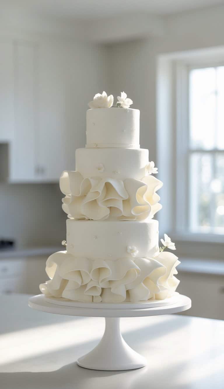Three-tier cake with buttercream ruffles and fondant decorations on a cake stand in a bright home kitchen.