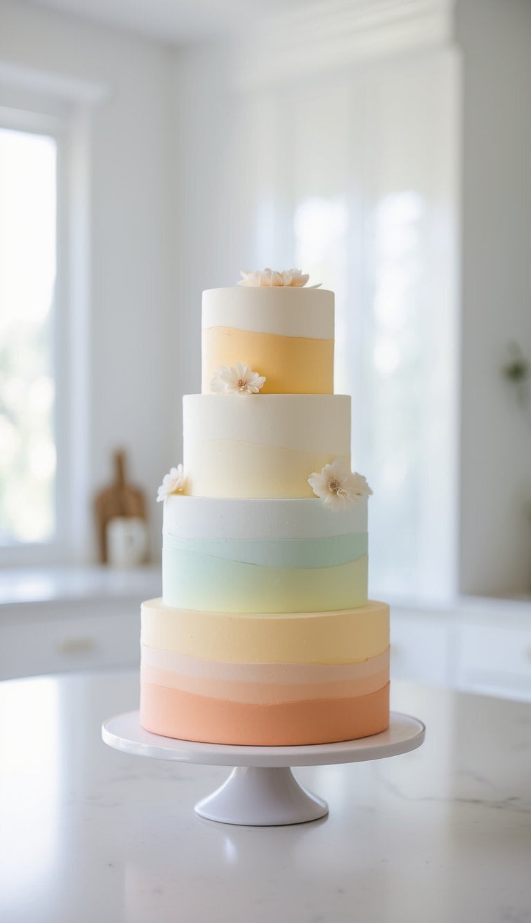 A multi-tiered cake with smooth ombre colors sits on a cake stand in a bright, clean kitchen.