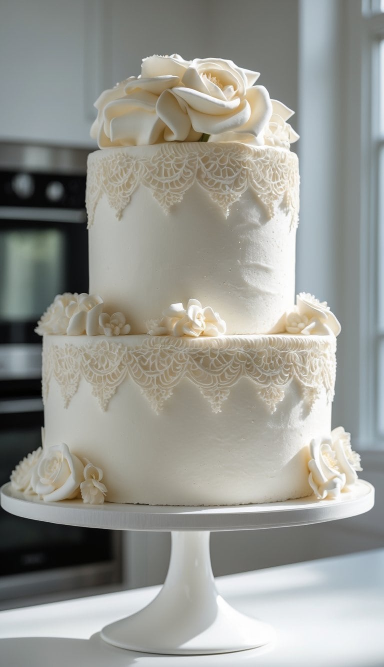 A two-tier cake with lace piped icing and fondant decorations on a cake stand in a bright home kitchen.