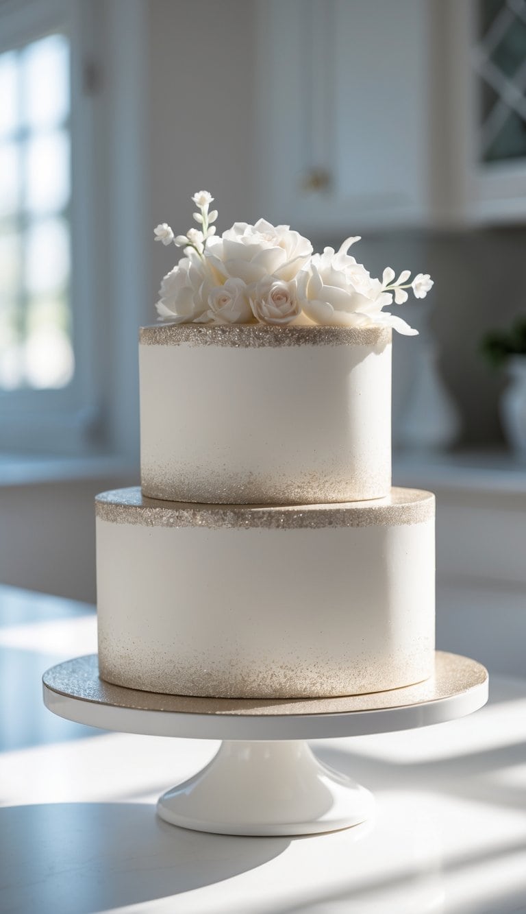 Two-tier cake with white frosting and edible glitter on a cake stand in a bright home kitchen.
