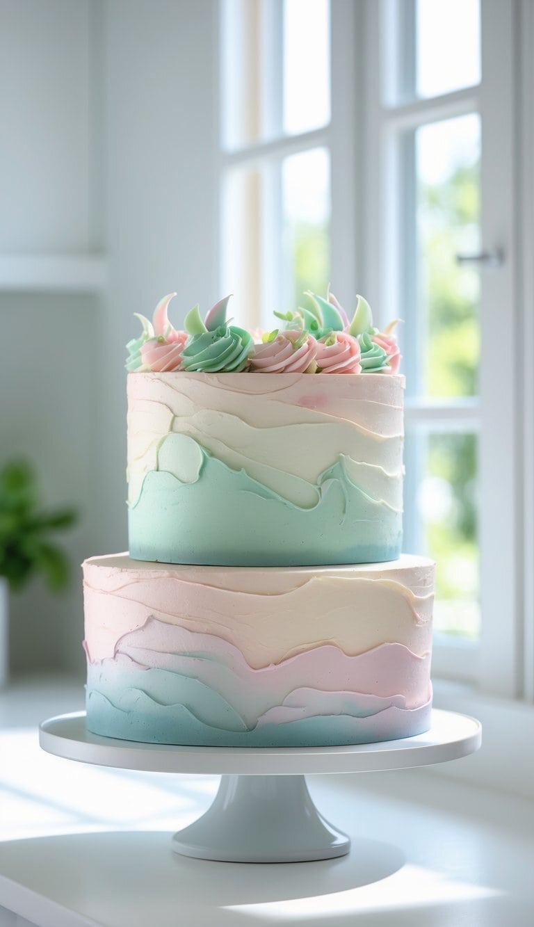 A two-tier cake with pastel-colored frosting and decorative details on a cake stand in a bright home kitchen.