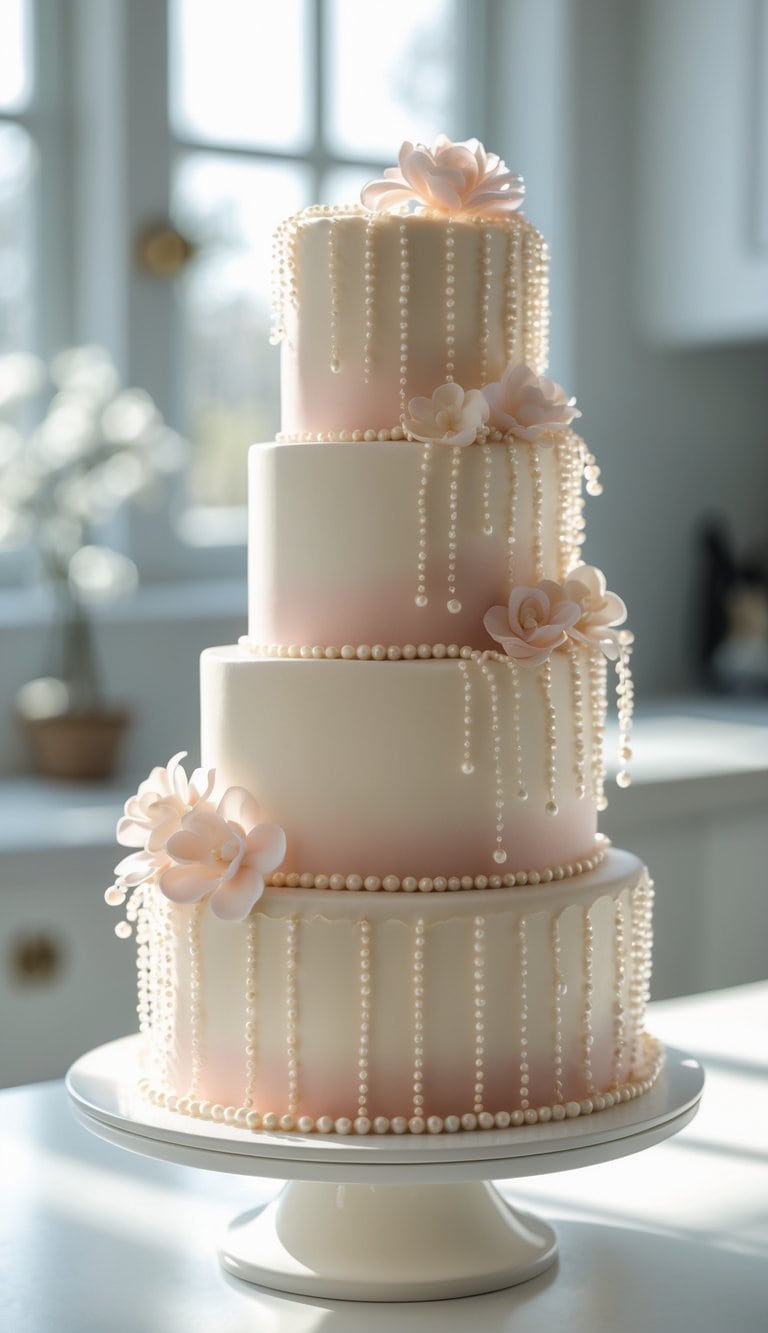 A three-tier cake with cascading edible pearl strands sits on a cake stand in a bright home kitchen.