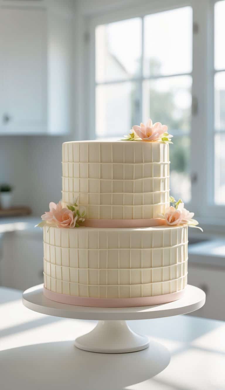 Two-tier cake with buttercream basket weave design on a cake stand in a bright home kitchen.