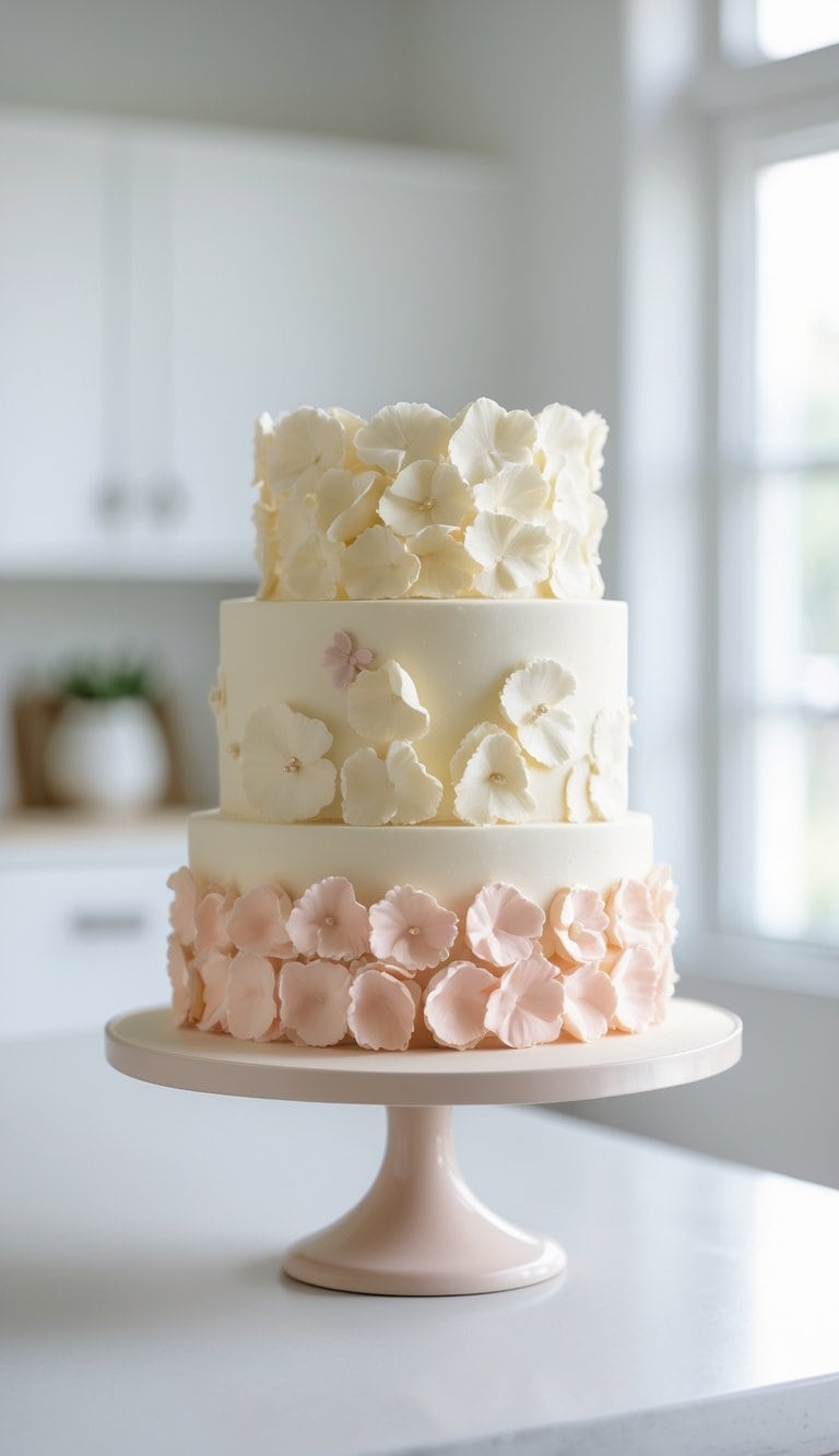Two-tier cake with textured buttercream petals on a cake stand in a bright home kitchen.
