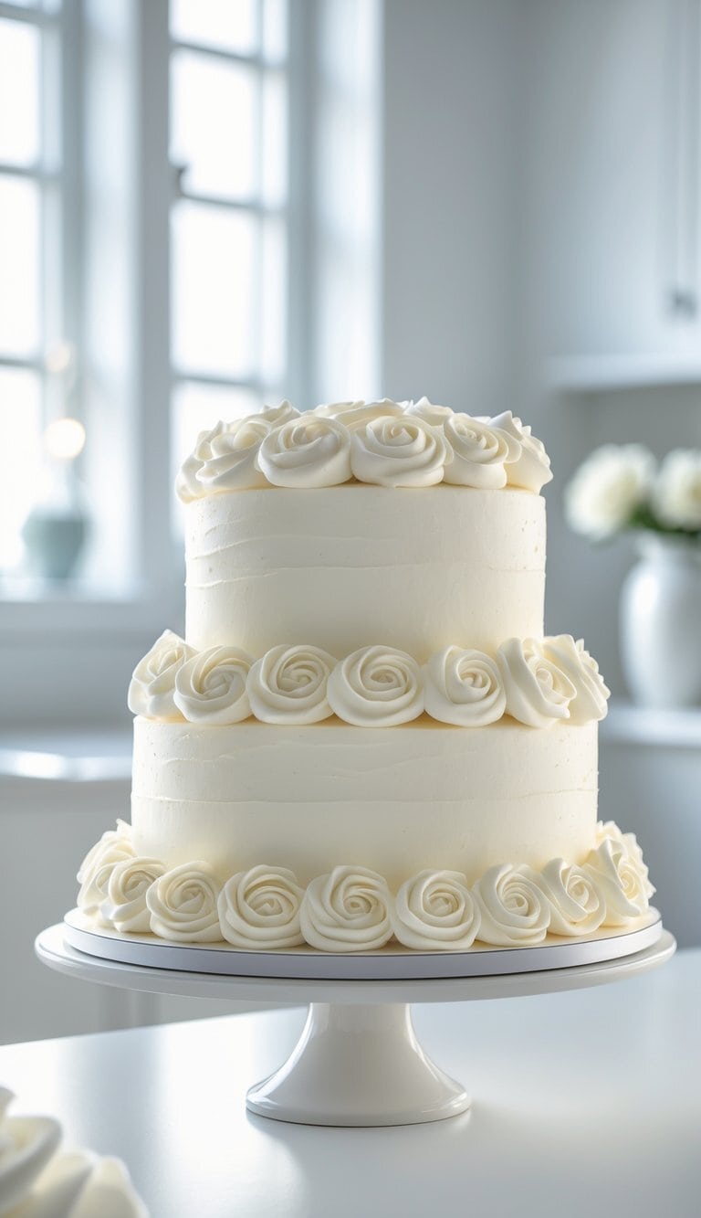 Two-tiered cake with buttercream rosettes on a cake stand in a bright home kitchen.