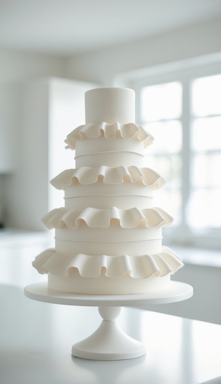 A three-tier cake with layered fondant ruffles on a cake stand in a bright home kitchen.