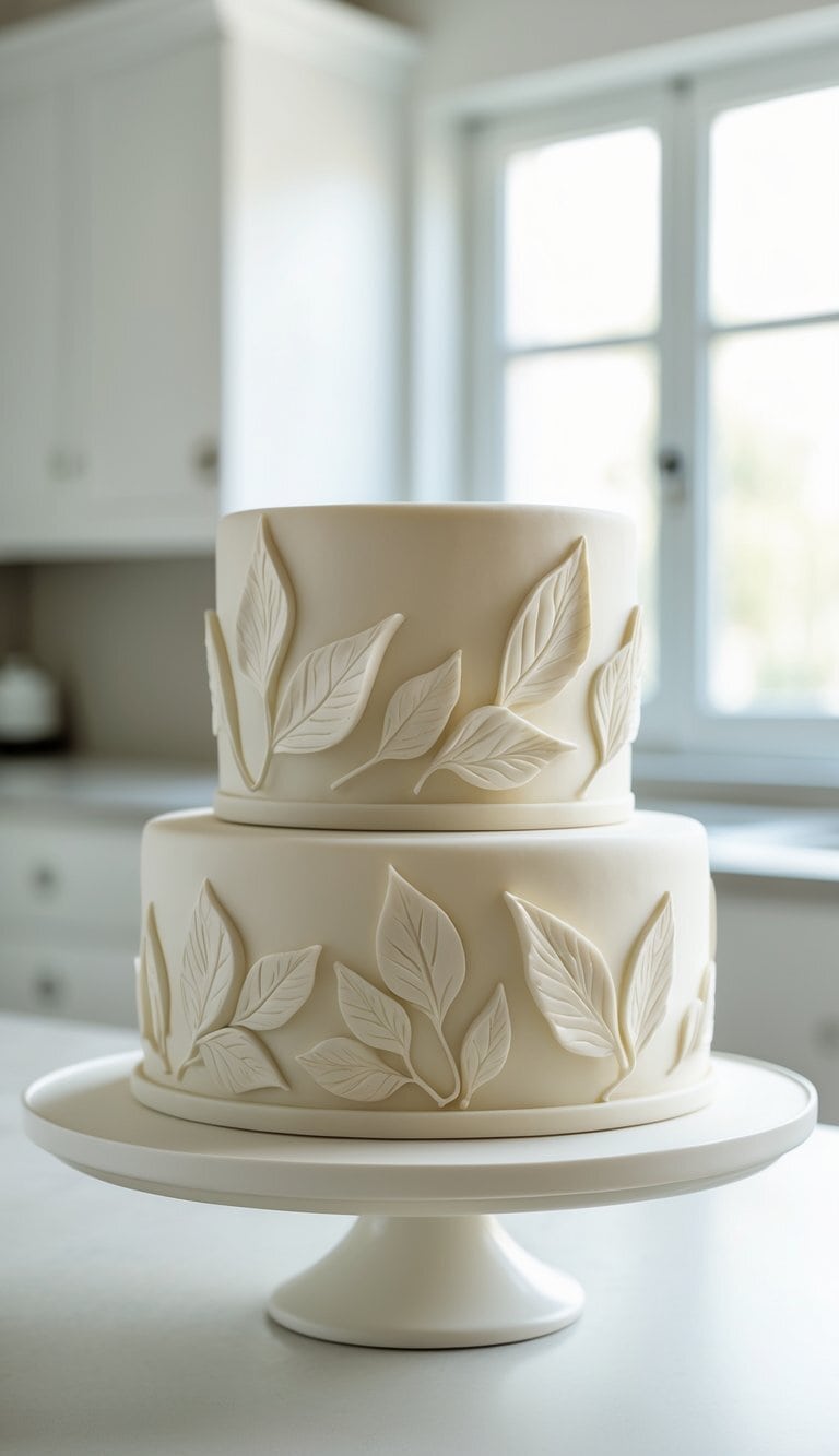 Two-tier cake with leaf-patterned fondant on a white cake stand in a bright home kitchen.